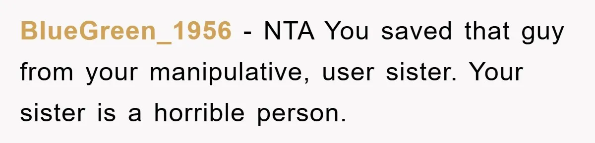 BlueGreen_1956 − NTA You saved that guy from your manipulative, user sister. Your sister is a horrible person.
