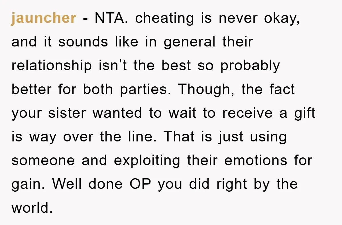 jauncher − NTA. cheating is never okay, and it sounds like in general their relationship isn’t the best so probably better for both parties. Though, the fact your sister wanted...