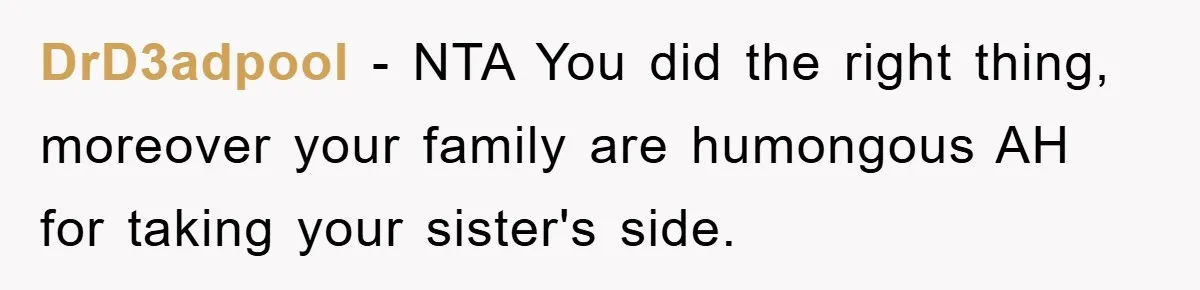 DrD3adpool − NTA You did the right thing, moreover your family are humongous AH for taking your sister's side.