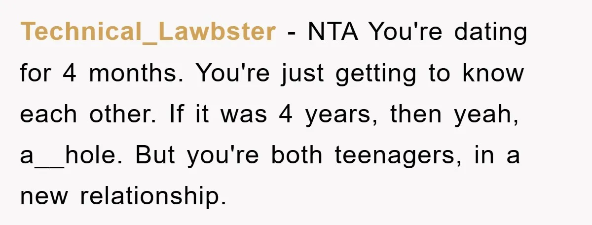 Technical_Lawbster − NTA You're dating for 4 months. You're just getting to know each other. If it was 4 years, then yeah, a__hole. But you're both teenagers, in a new...