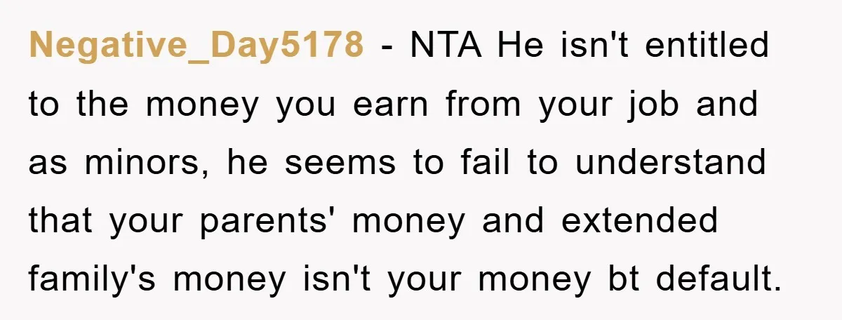 Negative_Day5178 − NTA He isn't entitled to the money you earn from your job and as minors, he seems to fail to understand that your parents' money and extended family's...