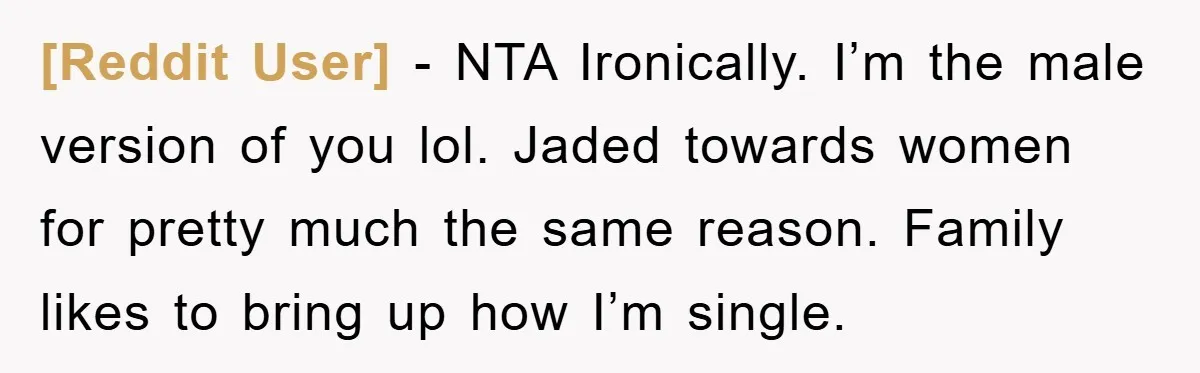 [Reddit User] − NTA Ironically. I’m the male version of you lol. Jaded towards women for pretty much the same reason. Family likes to bring up how I’m single.