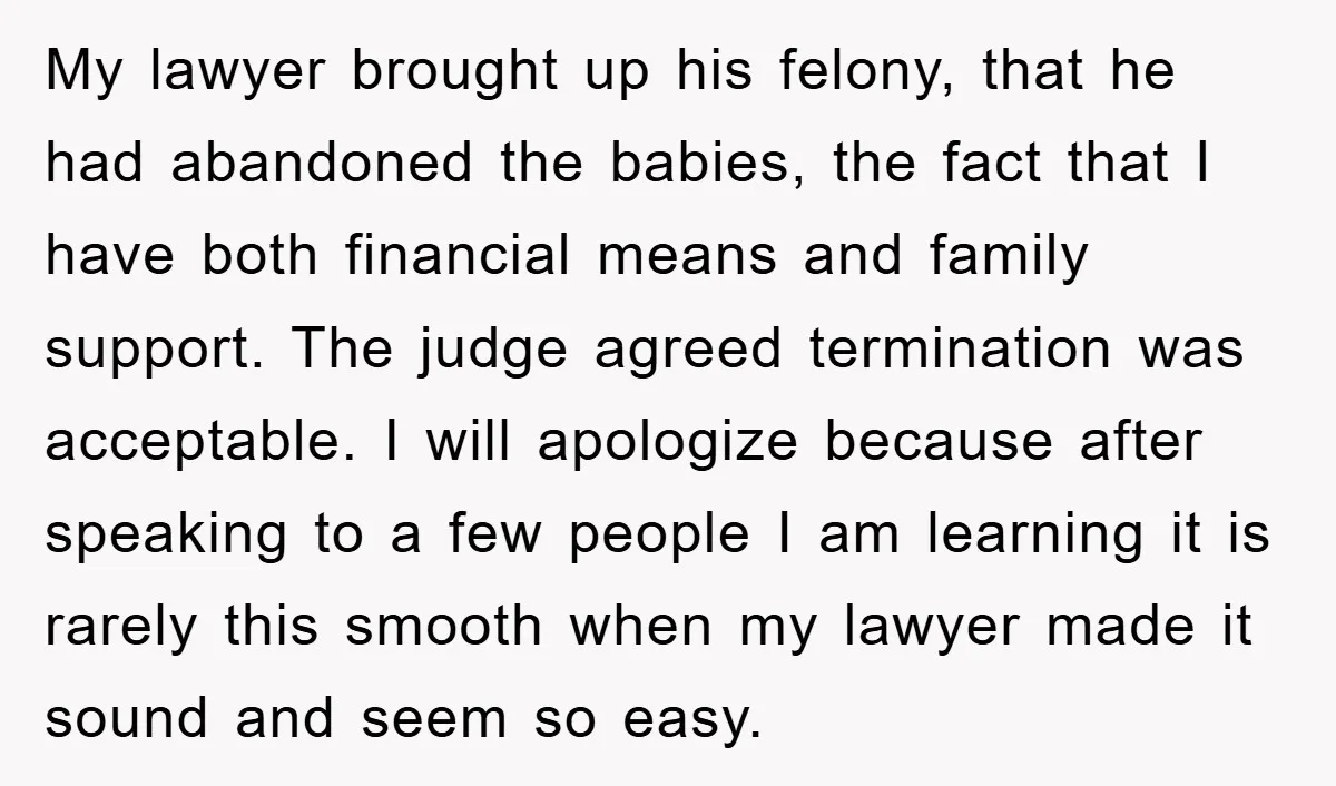My lawyer brought up his felony, that he had abandoned the babies, the fact that I have both financial means and family support. The judge agreed termination was acceptable. I...