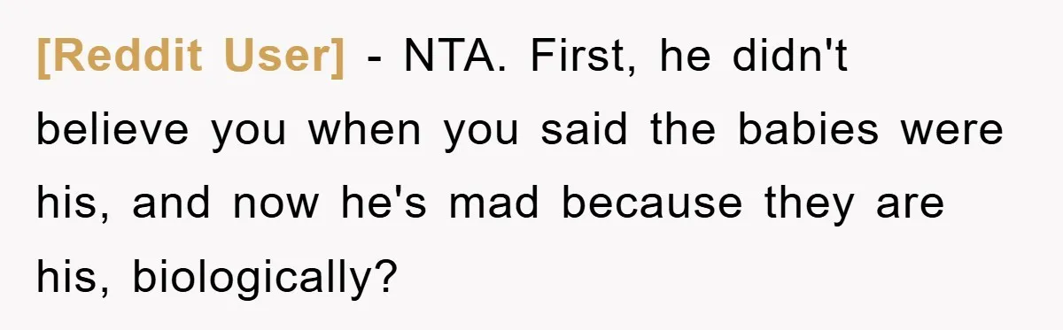 [Reddit User] − NTA. First, he didn't believe you when you said the babies were his, and now he's mad because they are his, biologically?
