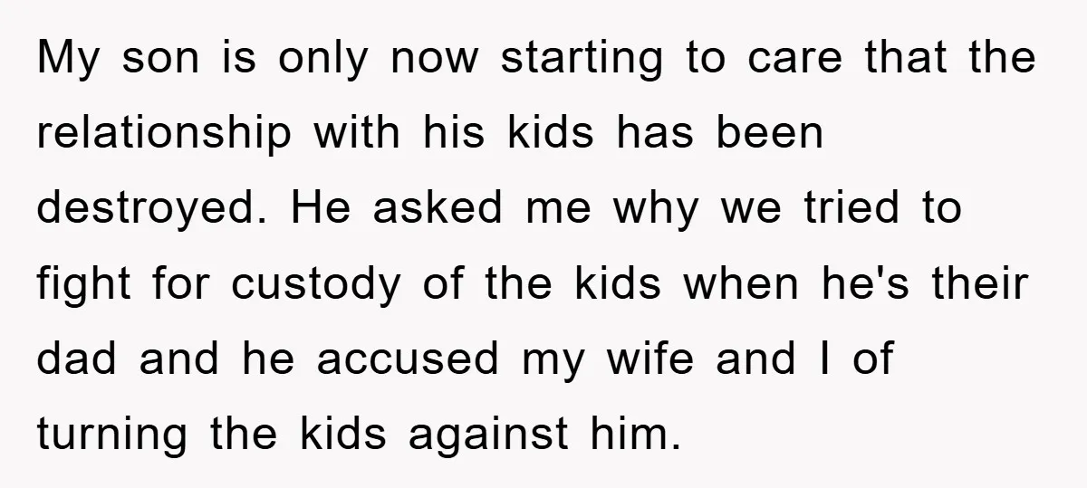 My son is only now starting to care that the relationship with his kids has been destroyed. He asked me why we tried to fight for custody of the kids...
