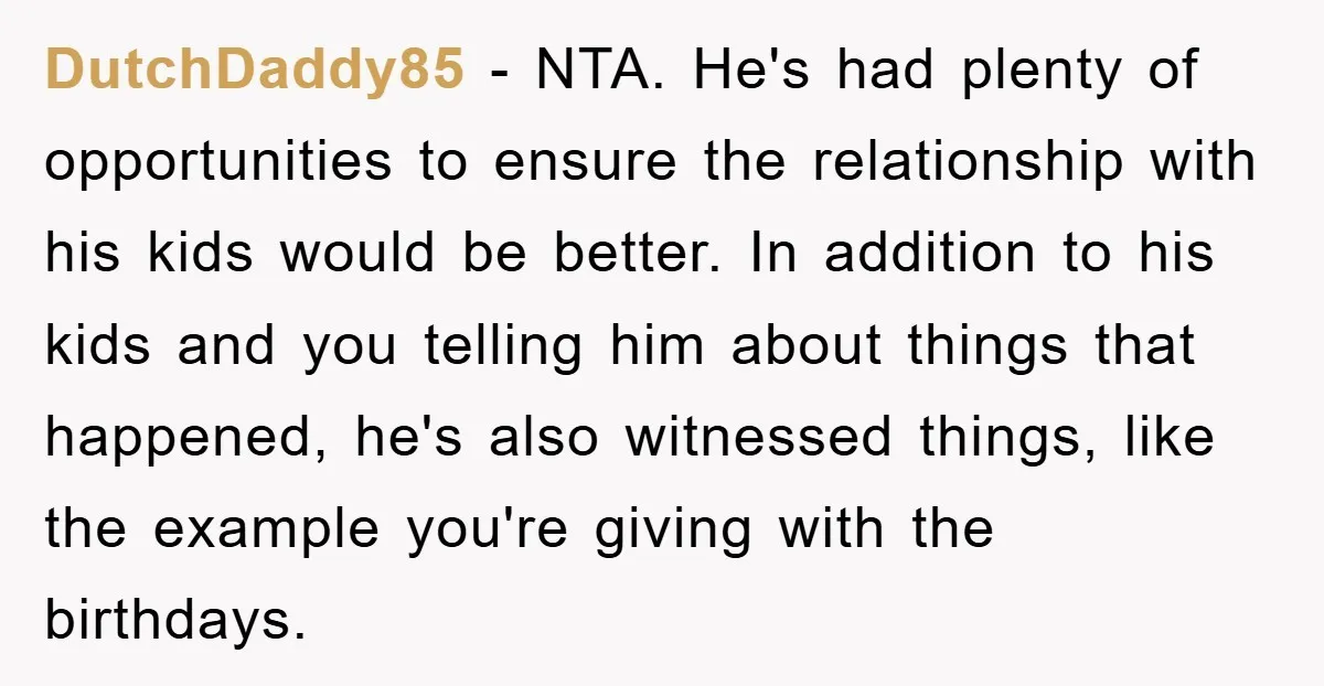 DutchDaddy85 − NTA. He's had plenty of opportunities to ensure the relationship with his kids would be better. In addition to his kids and you telling him about things that...