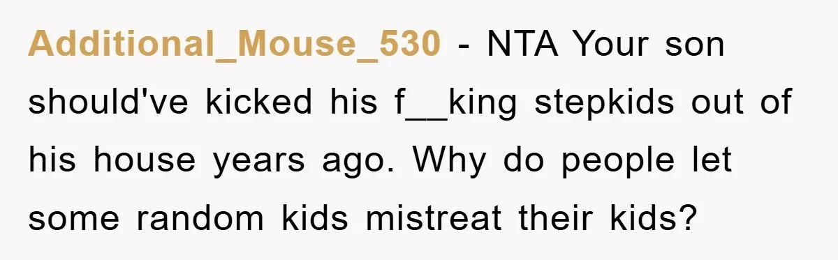 Additional_Mouse_530 − NTA Your son should've kicked his f__king stepkids out of his house years ago. Why do people let some random kids mistreat their kids?