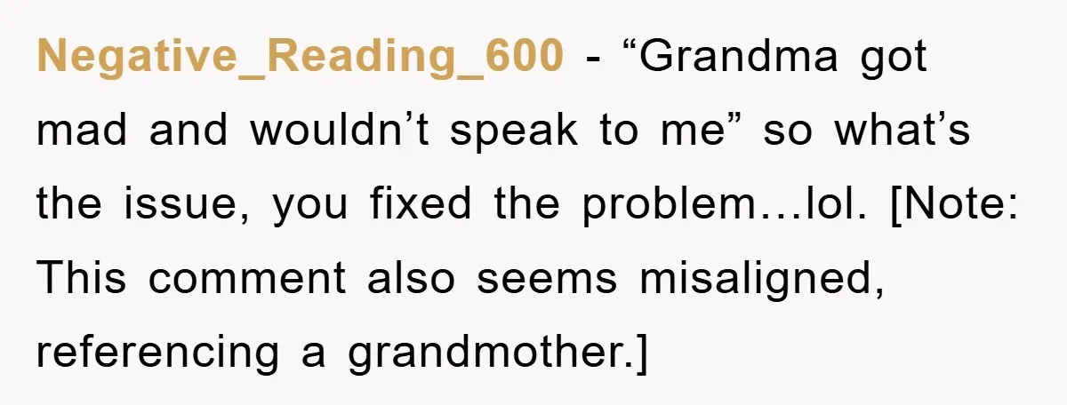Negative_Reading_600 − “Grandma got mad and wouldn’t speak to me” so what’s the issue, you fixed the problem…lol. [Note: This comment also seems misaligned, referencing a grandmother.]