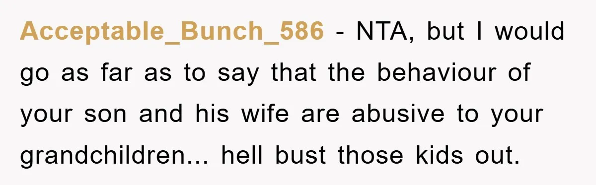 Acceptable_Bunch_586 − NTA, but I would go as far as to say that the behaviour of your son and his wife are abusive to your grandchildren... hell bust those kids...