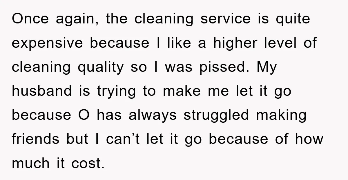Once again, the cleaning service is quite expensive because I like a higher level of cleaning quality so I was pissed. My husband is trying to make me let it...