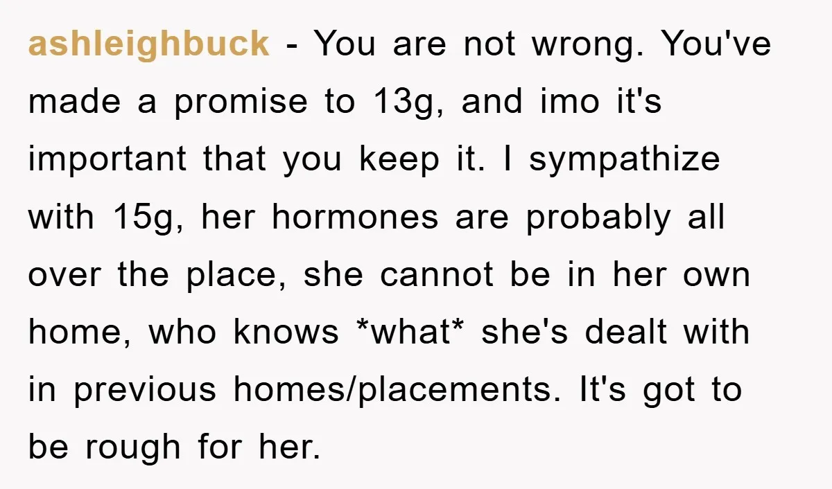 ashleighbuck − You are not wrong. You've made a promise to 13g, and imo it's important that you keep it. I sympathize with 15g, her hormones are probably all over...