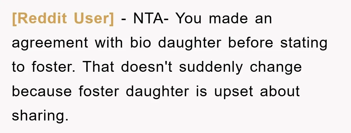 [Reddit User] − NTA- You made an agreement with bio daughter before stating to foster. That doesn't suddenly change because foster daughter is upset about sharing.
