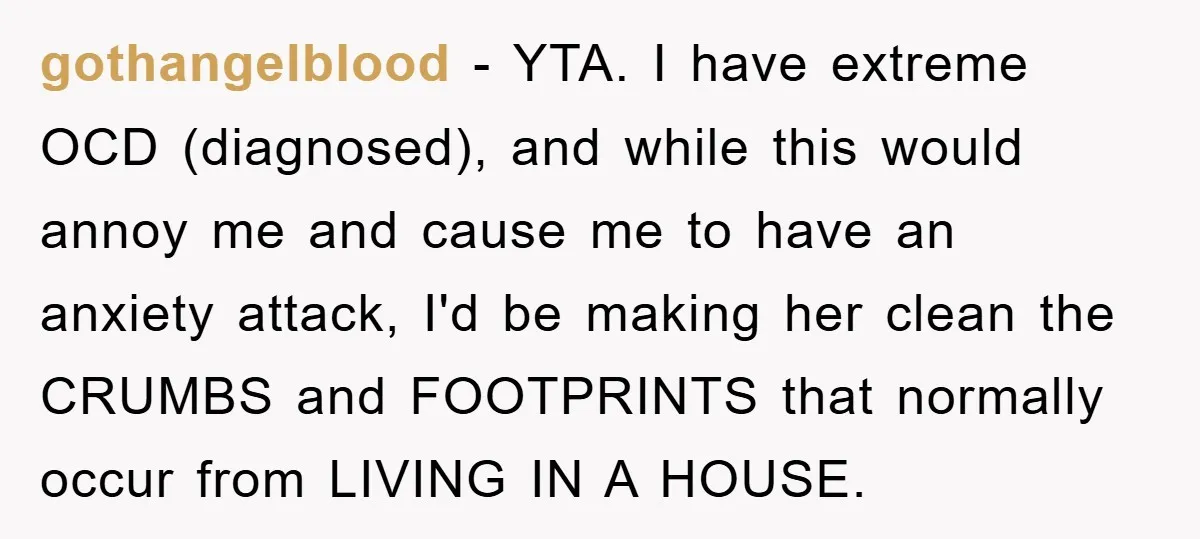 gothangelblood − YTA. I have extreme OCD (diagnosed), and while this would annoy me and cause me to have an anxiety attack, I'd be making her clean the CRUMBS and...