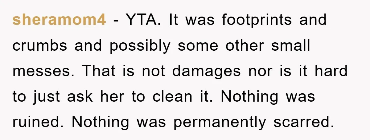 sheramom4 − YTA. It was footprints and crumbs and possibly some other small messes. That is not damages nor is it hard to just ask her to clean it. Nothing...