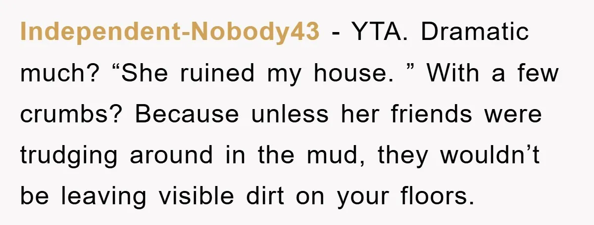 Independent-Nobody43 − YTA. Dramatic much? “She ruined my house. ” With a few crumbs? Because unless her friends were trudging around in the mud, they wouldn’t be leaving visible dirt...