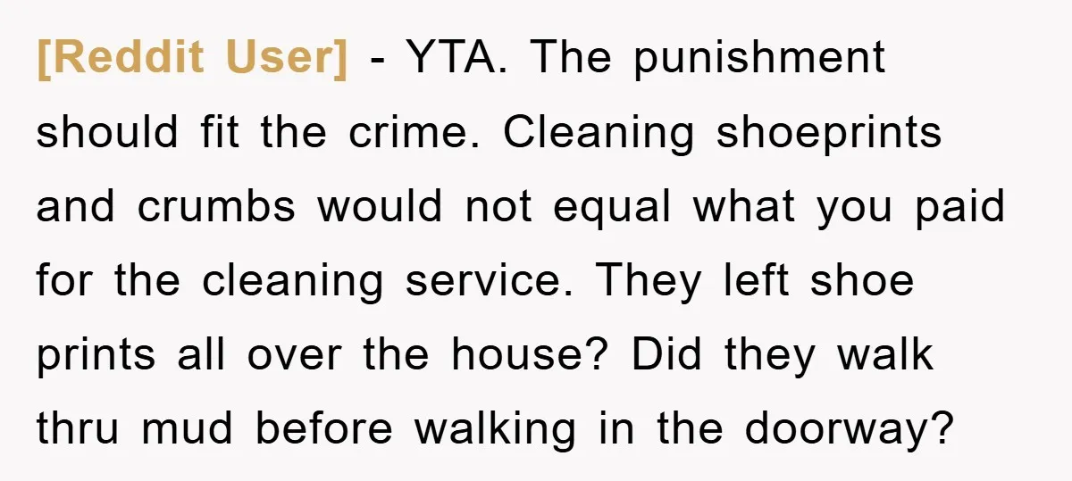[Reddit User] − YTA. The punishment should fit the crime. Cleaning shoeprints and crumbs would not equal what you paid for the cleaning service. They left shoe prints all over...