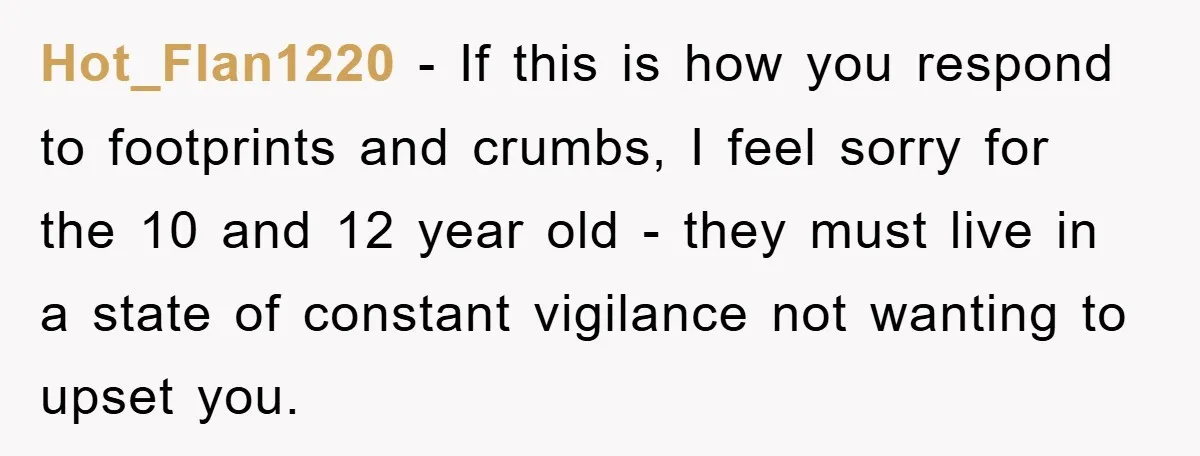 Hot_Flan1220 − If this is how you respond to footprints and crumbs, I feel sorry for the 10 and 12 year old - they must live in a state of...