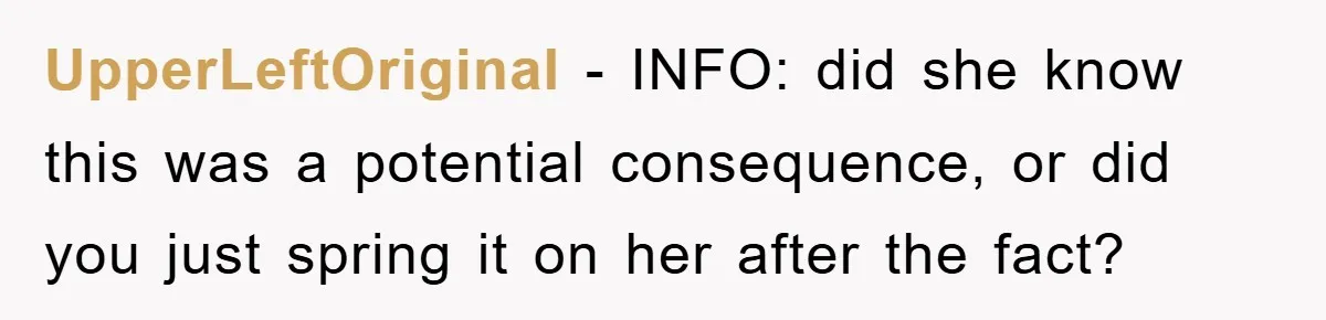 UpperLeftOriginal − INFO: did she know this was a potential consequence, or did you just spring it on her after the fact?