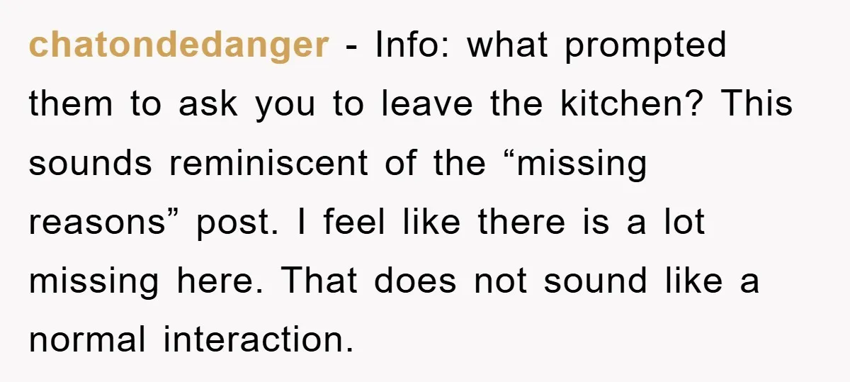 chatondedanger - Info: what prompted them to ask you to leave the kitchen? This sounds reminiscent of the “missing reasons” post. I feel like there is a lot missing here....