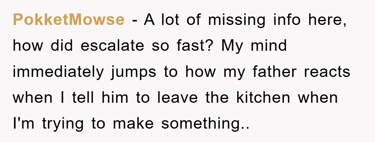 PokketMowse - A lot of missing info here, how did escalate so fast? My mind immediately jumps to how my father reacts when I tell him to leave the kitchen...