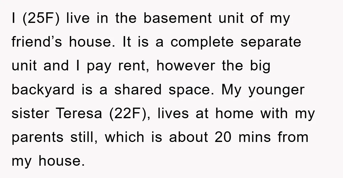 I (25F) live in the basement unit of my friend’s house. It is a complete separate unit and I pay rent, however the big backyard is a shared space. My...