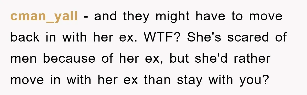 cman_yall − and they might have to move back in with her ex. WTF? She's scared of men because of her ex, but she'd rather move in with her ex...