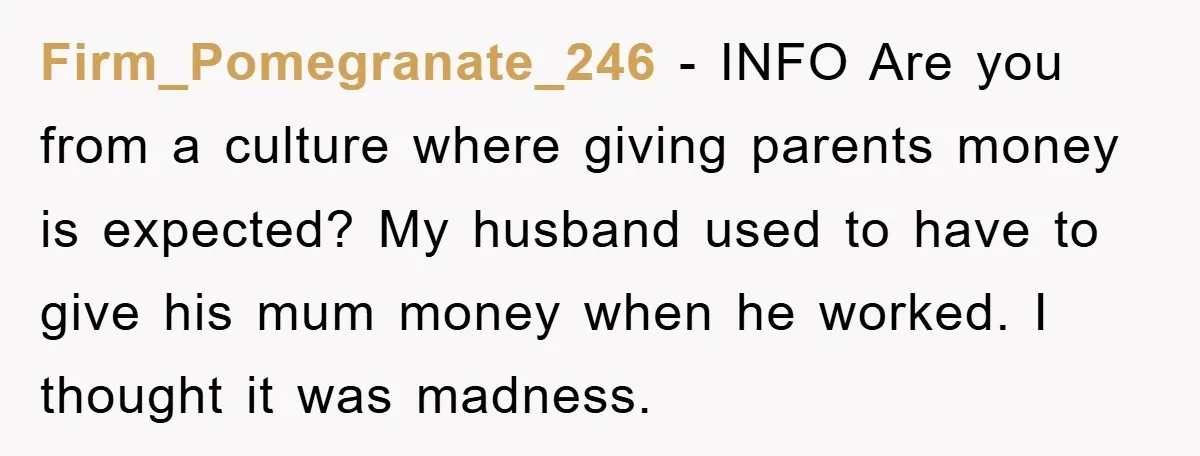 Firm_Pomegranate_246 - INFO Are you from a culture where giving parents money is expected? My husband used to have to give his mum money when he worked. I thought it...
