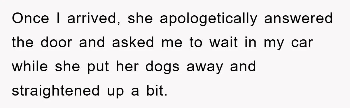 Once I arrived, she apologetically answered the door and asked me to wait in my car while she put her dogs away and straightened up a bit.