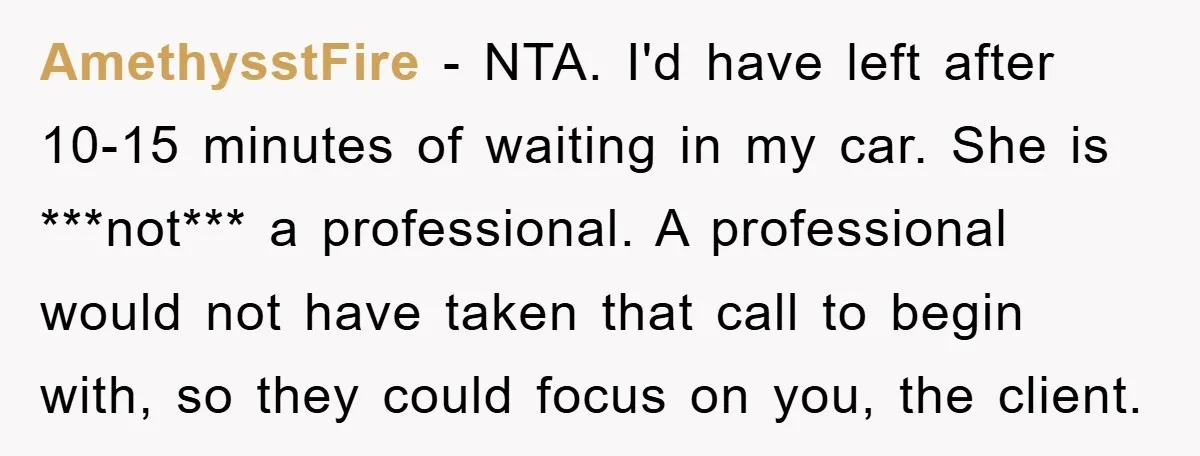 AmethysstFire − NTA. I'd have left after 10-15 minutes of waiting in my car. She is ***not*** a professional. A professional would not have taken that call to begin with,...