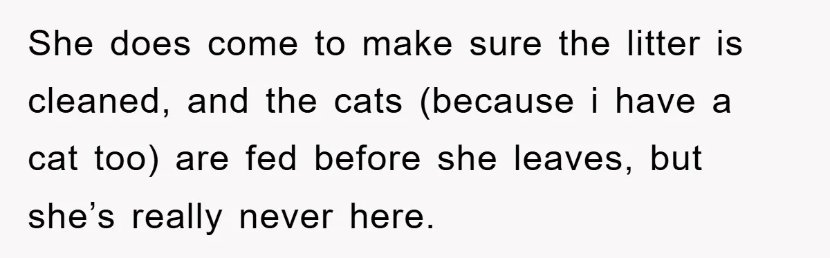 She does come to make sure the litter is cleaned, and the cats (because i have a cat too) are fed before she leaves, but she’s really never here.