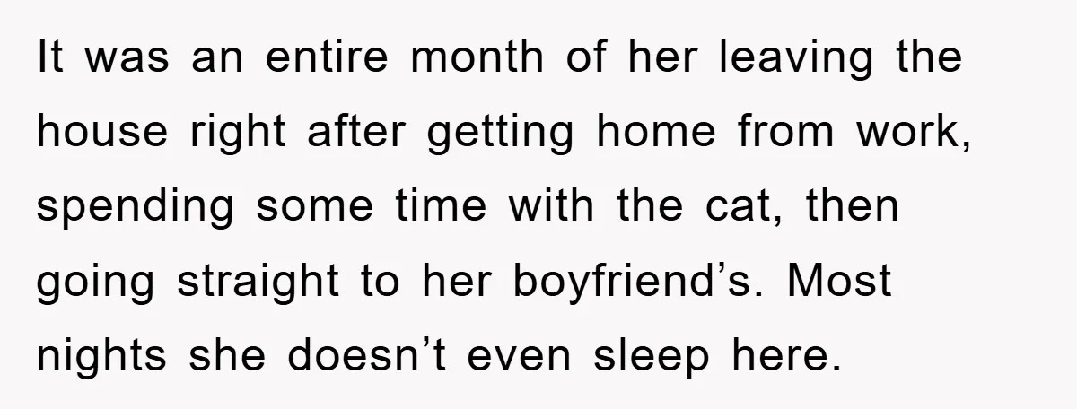 It was an entire month of her leaving the house right after getting home from work, spending some time with the cat, then going straight to her boyfriend’s. Most nights...