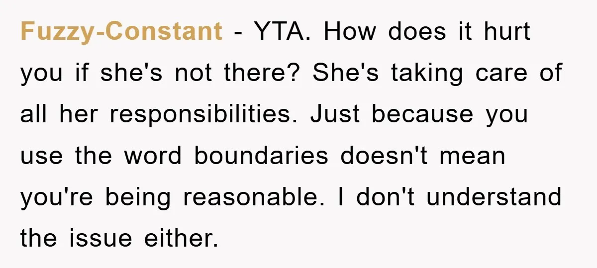 Fuzzy-Constant − YTA. How does it hurt you if she's not there? She's taking care of all her responsibilities. Just because you use the word boundaries doesn't mean you're being...