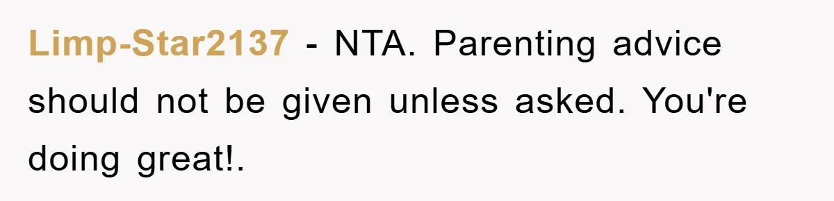 Limp-Star2137 − NTA. Parenting advice should not be given unless asked. You're doing great!.