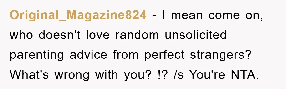 Original_Magazine824 − I mean come on, who doesn't love random unsolicited parenting advice from perfect strangers? What's wrong with you? !? /s You're NTA.
