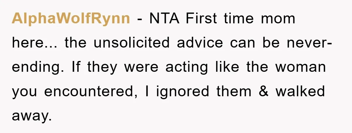 AlphaWolfRynn − NTA First time mom here... the unsolicited advice can be never-ending. If they were acting like the woman you encountered, I ignored them & walked away.