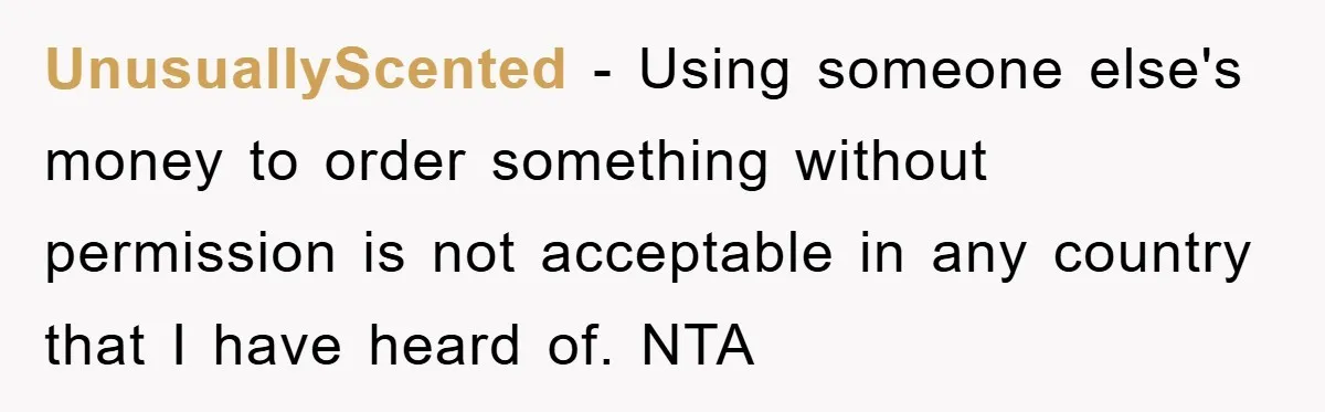 UnusuallyScented − Using someone else's money to order something without permission is not acceptable in any country that I have heard of. NTA