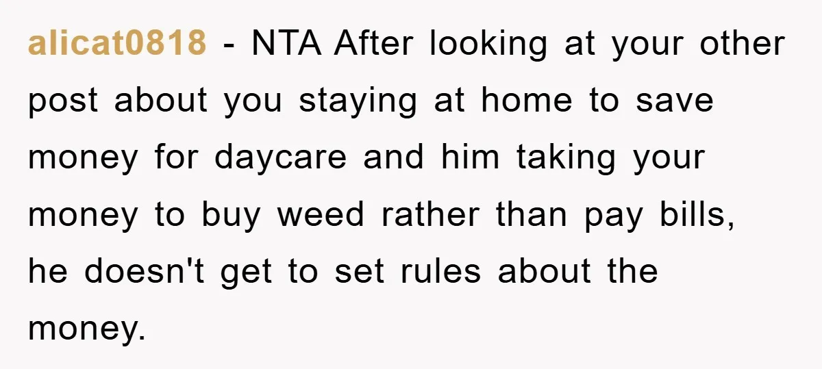 alicat0818 − NTA After looking at your other post about you staying at home to save money for daycare and him taking your money to buy weed rather than pay...
