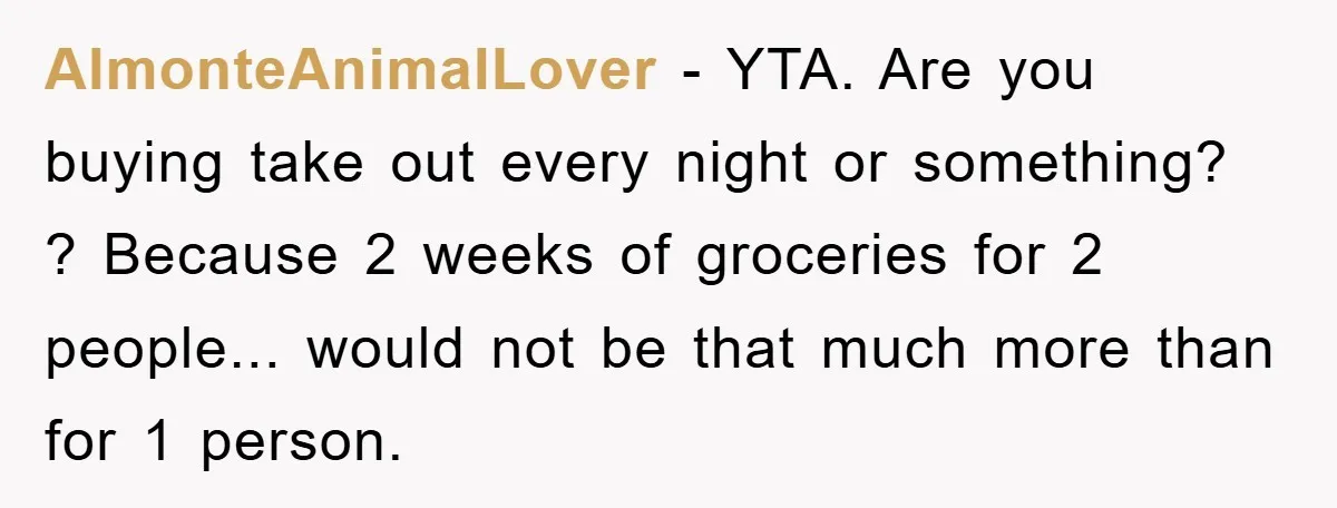 AlmonteAnimalLover − YTA. Are you buying take out every night or something? ? Because 2 weeks of groceries for 2 people... would not be that much more than for 1...