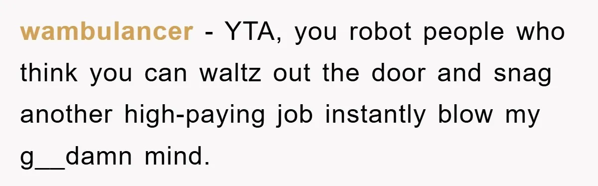 wambulancer − YTA, you robot people who think you can waltz out the door and snag another high-paying job instantly blow my g__damn mind.