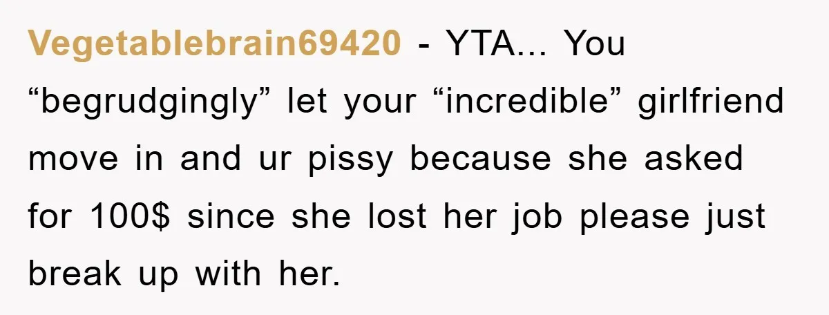 Vegetablebrain69420 − YTA... You “begrudgingly” let your “incredible” girlfriend move in and ur pissy because she asked for 100$ since she lost her job please just break up with her.