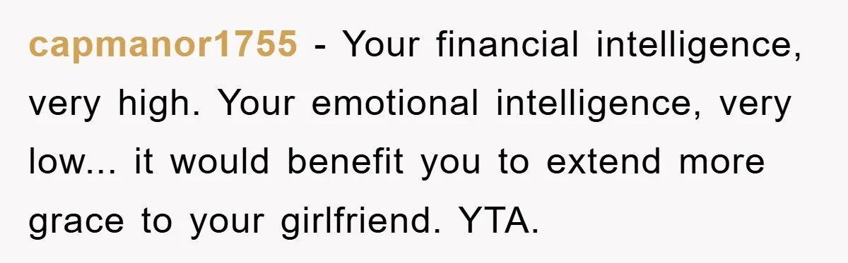 capmanor1755 − Your financial intelligence, very high. Your emotional intelligence, very low... it would benefit you to extend more grace to your girlfriend. YTA.