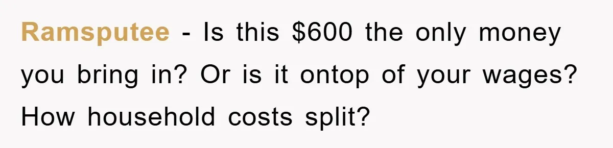 Ramsputee − Is this $600 the only money you bring in? Or is it ontop of your wages? How household costs split?