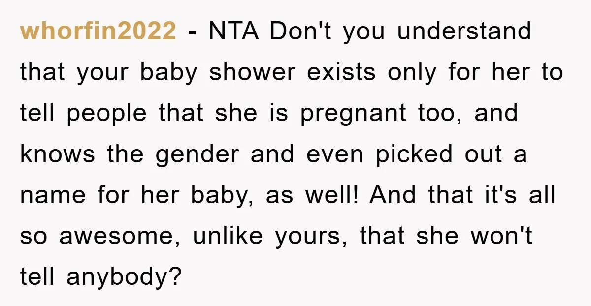 whorfin2022 − NTA Don't you understand that your baby shower exists only for her to tell people that she is pregnant too, and knows the gender and even picked out...