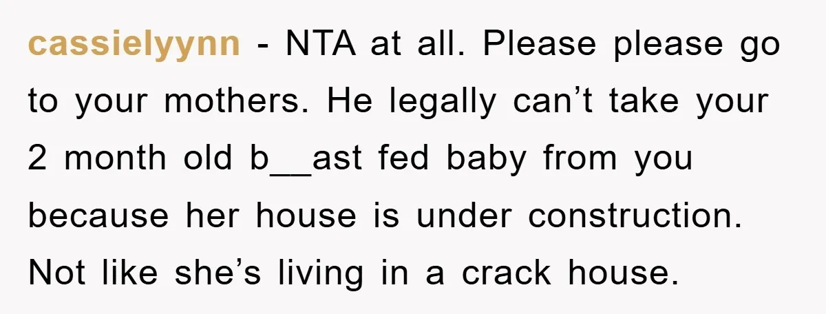 cassielyynn − NTA at all. Please please go to your mothers. He legally can’t take your 2 month old b__ast fed baby from you because her house is under construction....