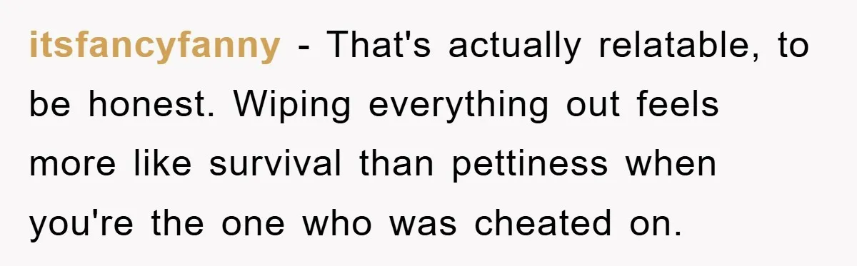 itsfancyfanny − That's actually relatable, to be honest. Wiping everything out feels more like survival than pettiness when you're the one who was cheated on.
