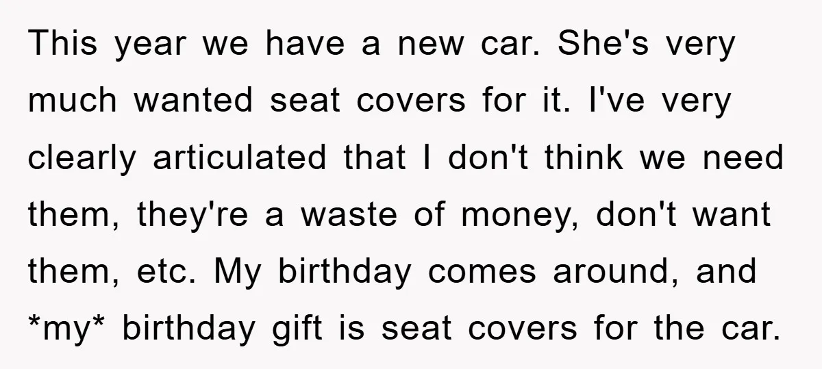 This year we have a new car. She's very much wanted seat covers for it. I've very clearly articulated that I don't think we need them, they're a waste of...