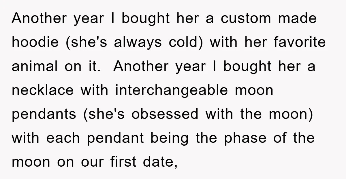 Another year I bought her a custom made hoodie (she's always cold) with her favorite animal on it. Another year I bought her a necklace with interchangeable moon pendants (she's...