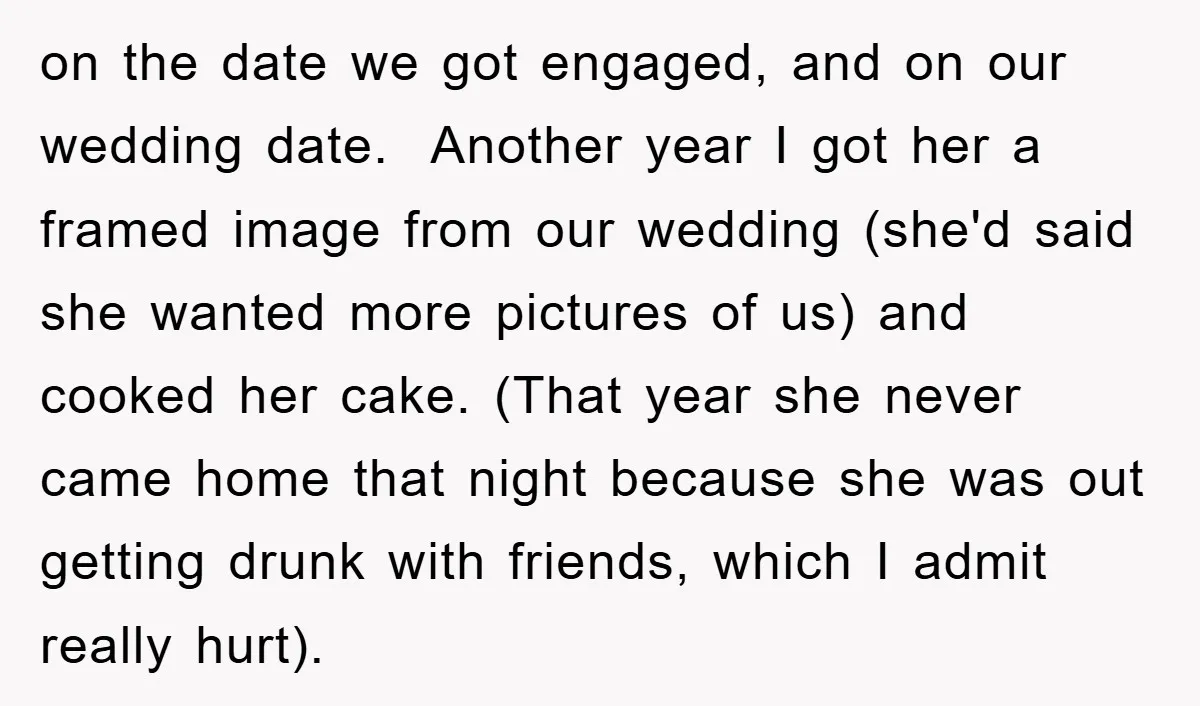 on the date we got engaged, and on our wedding date. Another year I got her a framed image from our wedding (she'd said she wanted more pictures of us)...