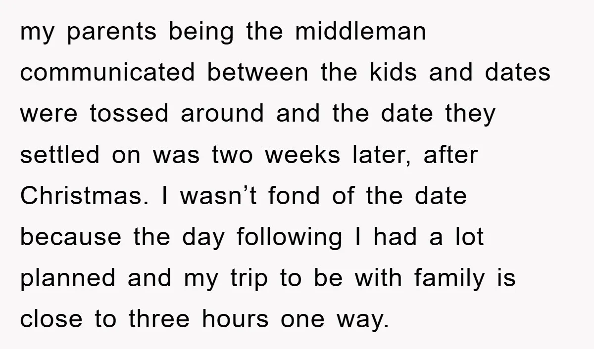 my parents being the middleman communicated between the kids and dates were tossed around and the date they settled on was two weeks later, after Christmas. I wasn’t fond of...