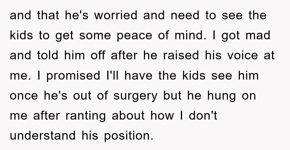 and that he's worried and need to see the kids to get some peace of mind. I got mad and told him off after he raised his voice at me....